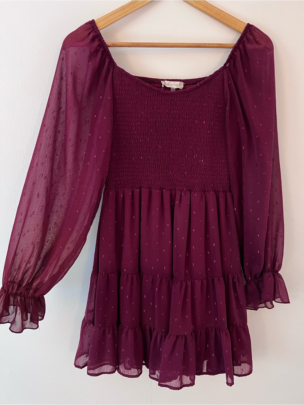 Altar'd State Burgundy Long Sleeve Smocked Tiered Dress